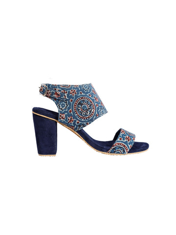 Royal Blue Ajrakh Cotton Strappy Block Heels In Suede